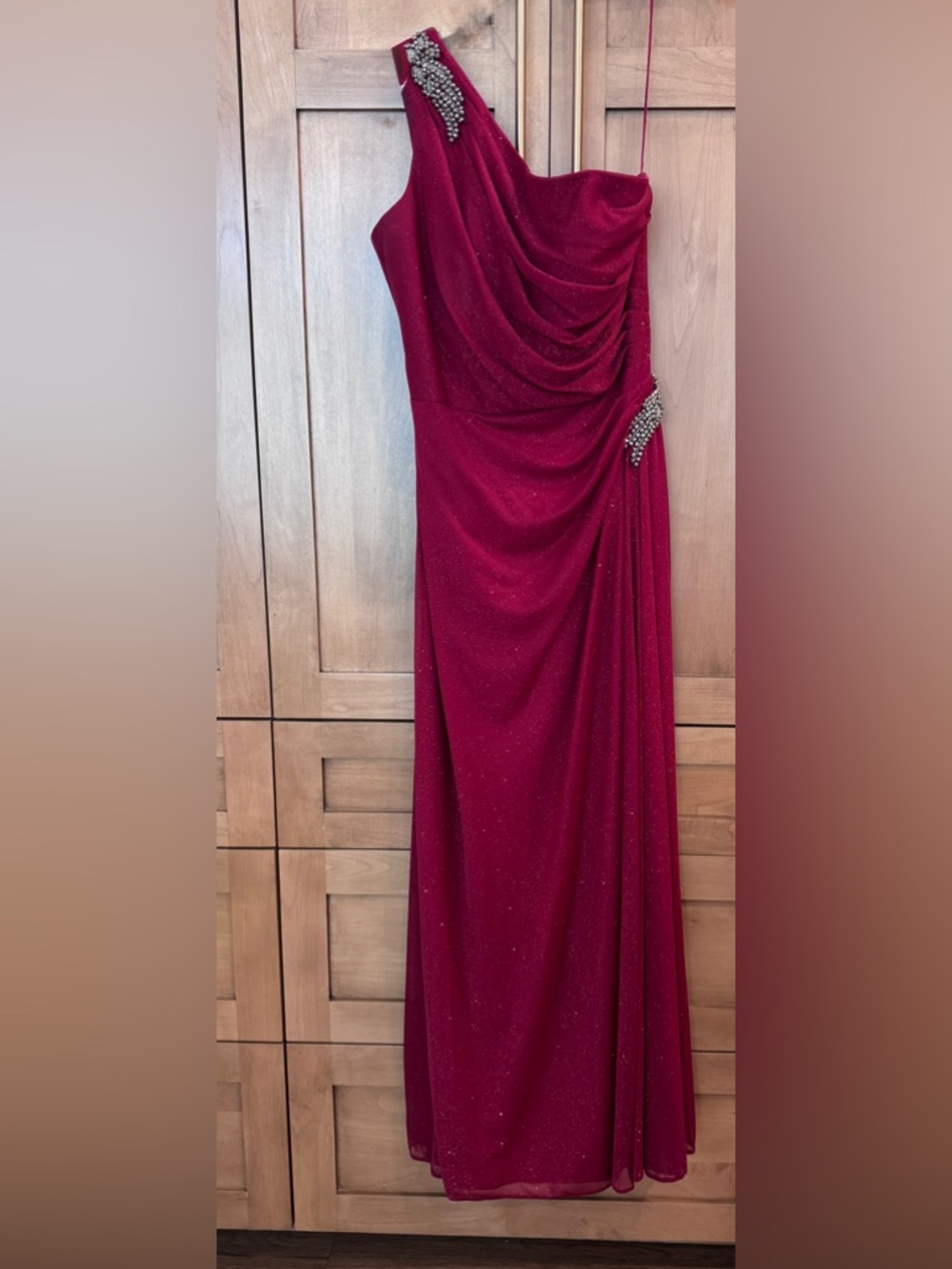 Alex Evenings Sparkling One-Shoulder Wine Red Evening Gown